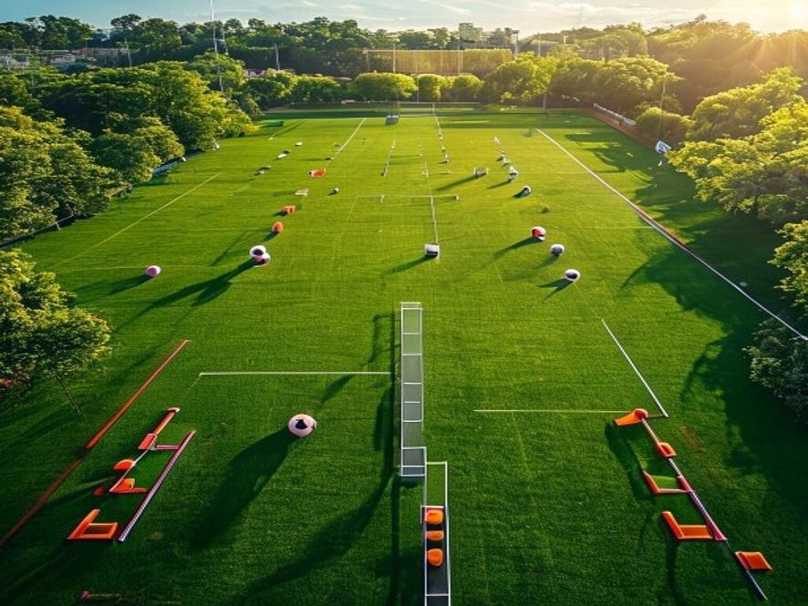 Aerial view of a soccer training field with cones, ladders and balls